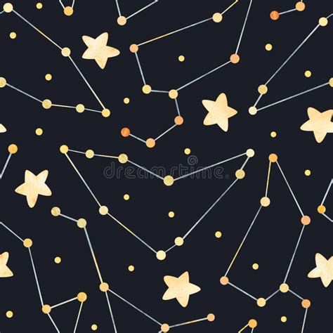 Watercolor Seamless Pattern Gentle Golden Constellations And Stars On