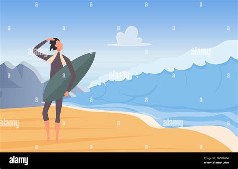 People Surfing Travel Extreme Vacation Adventure On Ocean Coast Vector