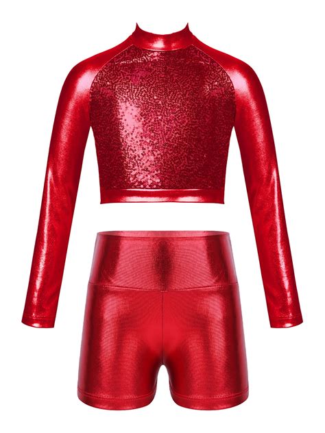 Iefiel Girls Metallic Sports Suit Long Sleeve Crop Top With Athletic