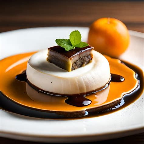 Un plato de comida con un trozo de mousse y una pequeña naranja al lado