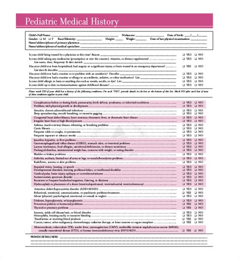 Pediatric Medical History Form Printable Printable Forms Free Online