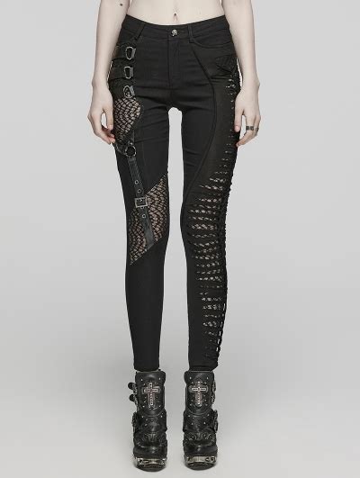 Black Gothic Punk Belt Asymmetric Long Fitted Pants For Women