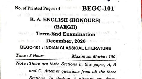 Ignou B A English Honours BAEGH BEGC 101 Question Paper YouTube