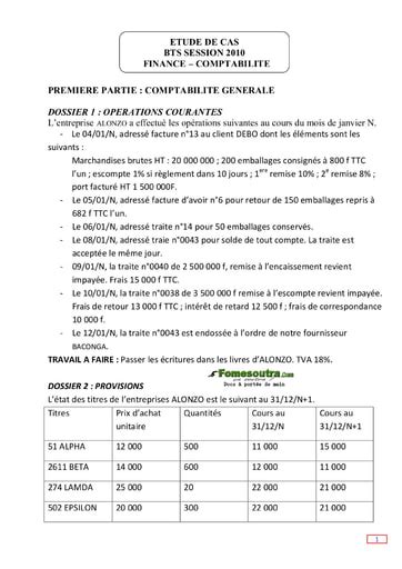 Sujet Corrig Etude De Cas Bts Finances Comptabilit