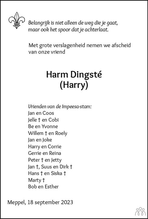 Harm Harry Dingst Overlijdensbericht En Condoleances