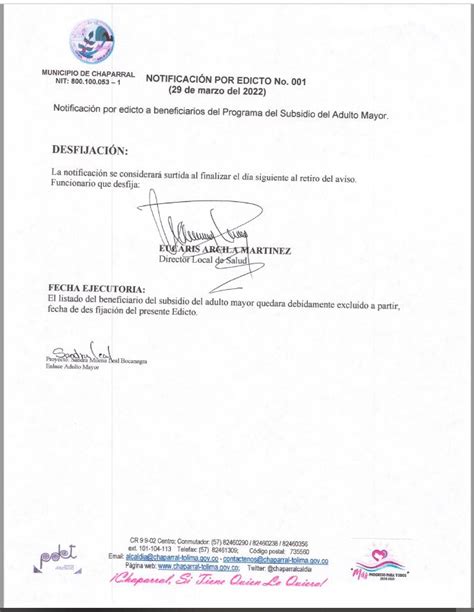 NOTIFICACION POR EDICTO 001 2022 DLS SUSPENSION BENEFICIARIOS COLOMBIA