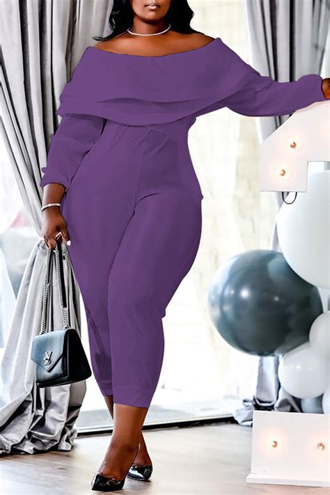 Purple Casual Solid Split Joint Off The Shoulder Plus Size Jumpsuits