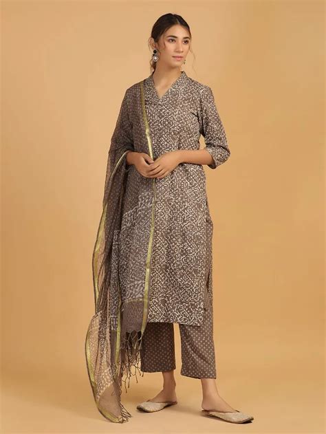 Buy Brown Dabu Hand Block Printed Cotton Suit With Kota Doria Dupatta