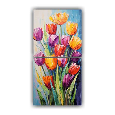 Set 2 Lienzos De Tela Moderno Con Tulipanes Arcoíris En La Pintura