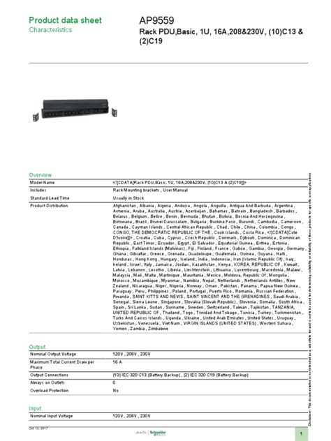 Product Data Sheet Rack Pdu Basic 1u 16a 208and230v 10 C13 And 2