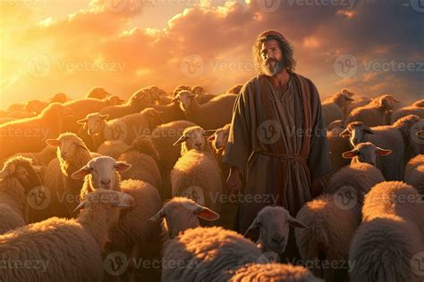 A bible jesus shepherd with his flock of sheep during sunset ...