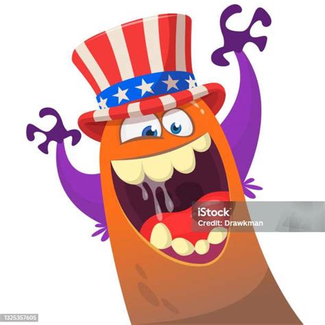 Kartun Monster Lucu Mengenakan Topi Paman Amerika Sam Pada Hari