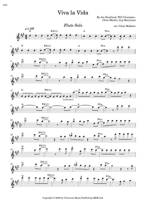 Viva La Vida arr César Madeira by Coldplay Sheet Music for Flute