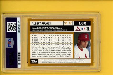 2002 TOPPS ALBERT PUJOLS 160 BACK PHOTO POLANCO IN CAP CARDINALS PSA 9