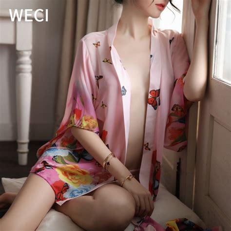 Weci Sexy Pajamas Kimono Women Nightgown Transparent Gauze Lingerie Japanese Dress Floral