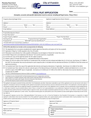 Fillable Online Franklinwi Final Plat Application City Of