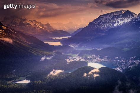 Alpine Landscape Above Silvaplana And Maloja At Sunset Muottas Muragl