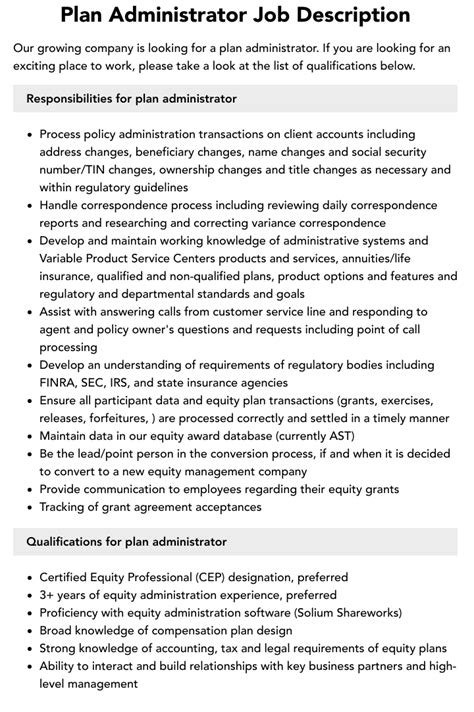 Plan Administrator Job Description Velvet Jobs