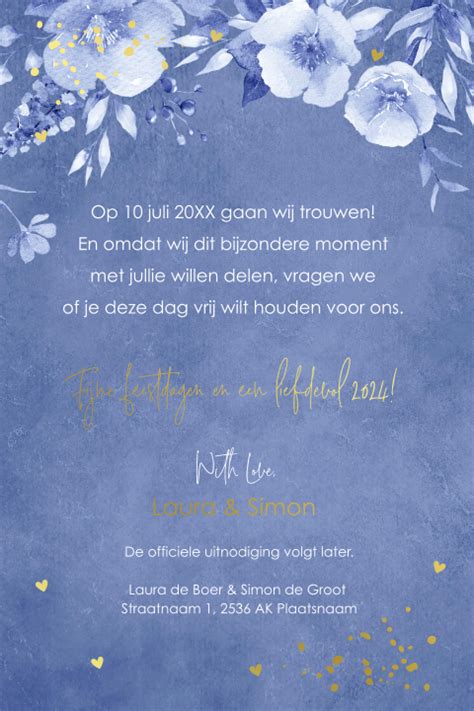 Save The Date Kerstkaart Blauw Kalender Bloem Goudfolie