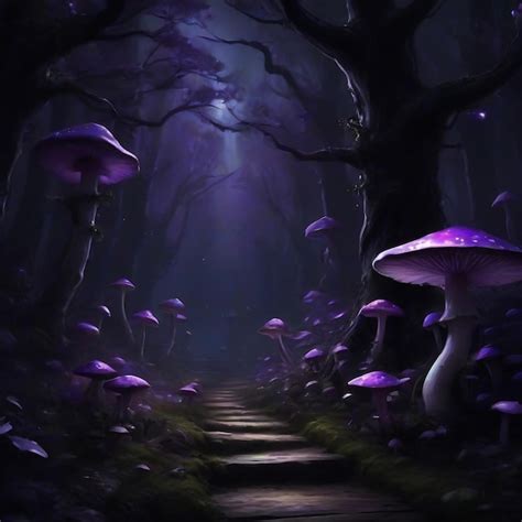 Premium Photo | A dark forest with purple mushrooms and trees fantasy n ...