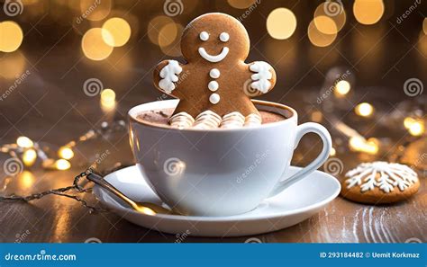 A Cute Gingerbread Man Sits In A Cup Of Hot Cocoa In A Christmas Atmosphere With Lights Stock