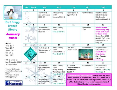 January Calendar of Events ~ 2018 - Fort Bragg Library