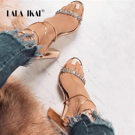 Lala Ikai Women Summer Sandals Ankle Strap High Heeled Platform Crystal Design Sexy Wedding