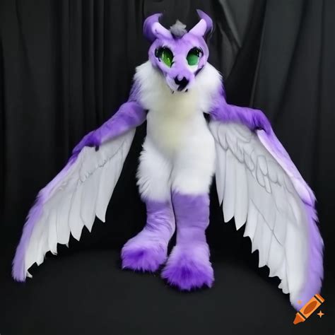 Anthro Fursuit Of A Female White Dragon With Purple Horns And Wings On