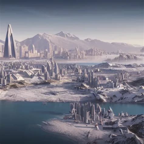 KREA A Coastal City Near Some Snow Capped Mountains Sci Fi 8k