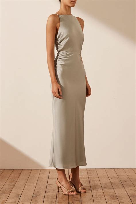 Luxe High Neck Ruched Midi Dress Eucalyptus Dresses Shona Joy