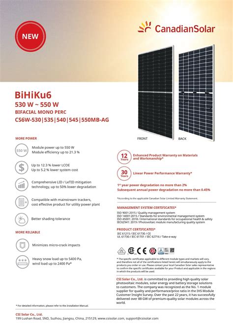 Canadian Solar CS6w 530 550MB AG Bihiku6 Bifacial Mono Perc Module 530W