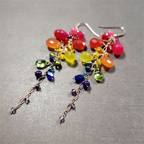 Rainbow Gemstone Dangle Earrings Long Dangle Earrings Boho Etsy