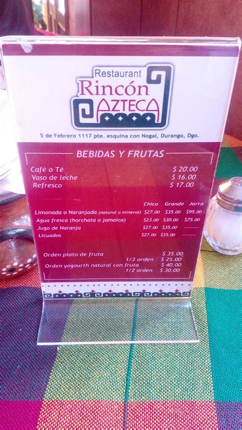 Carta de Restaurant Rincón Azteca Durango Calle 5 de Febrero 1117