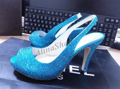 Teal Crystal Slingback Peep Toe Heels Turquoise Bridal Shoes Sling Back