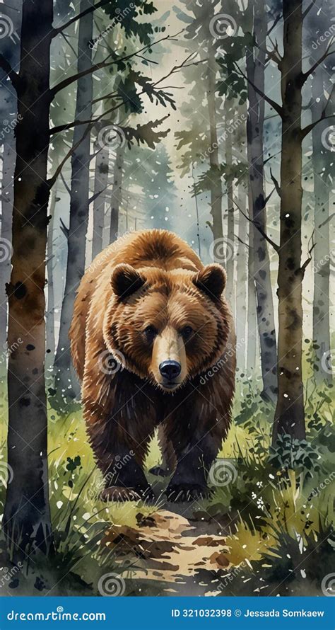 Watercolor Painting A Formidable Bear Foraging In A Dense Forest Its