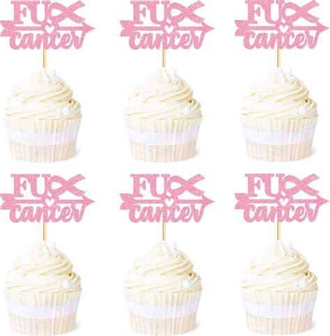 Ercadi 24 Pack Breast Cancer Cupcake Toppers Pink Glitter Cancer