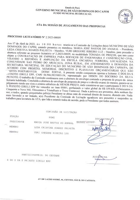 Ata Da Sess O De Julgamento Da Proposta Prefeitura Municipal De S O