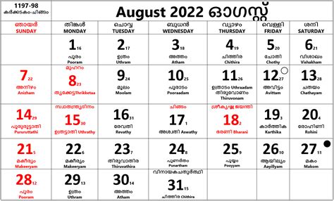 Malayalam Calendar August Month Wilie Dorthea