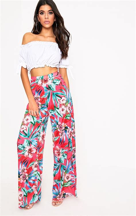 Fuchsia Tropical Floral Print Wide Leg Trousers Tropical Floral Print