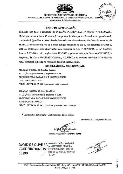 Termo De Adjudicacao Prefeitura Municipal De Marituba Pa