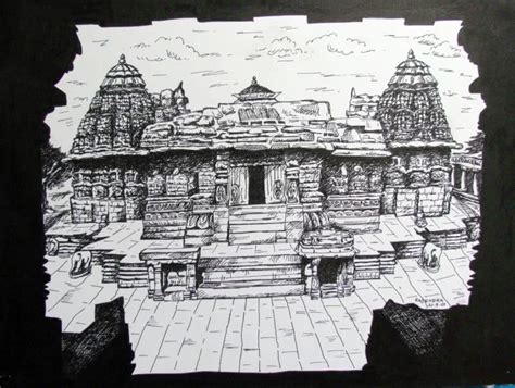 "Temple": White Ink Drawing (11x14) by Rajendra V | ArtZolo.com