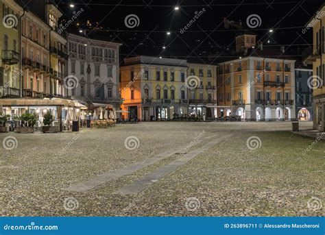 Historic Center Of Locarno City At Night Square Grande Switzerland