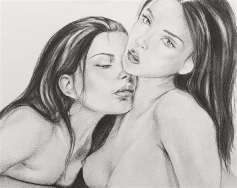 Lesbian Erotic Nude Women Charcoal Drawing Original Fine Art Wall Decor