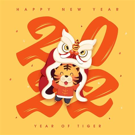 Feliz año nuevo 2022 lindo personaje de tigre jugando danza del león