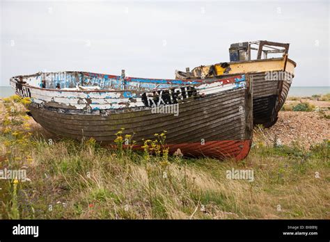 Abandoned Fishing Boats On The Shingle Beach At Dungeness Kent Uk