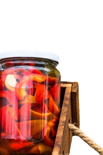 Pickled Red Bell Peppers In Wooden Crate With Glass Jarsdill Bell