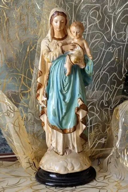 STATUE VIERGE MARIE Et Enfant Jesus En Platre Signee Marton Antique