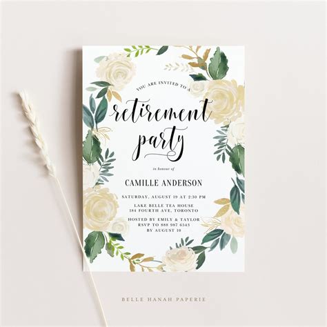 Printable Floral Wreath Retirement Party Invitation Template Diy Watercolor Ivory Peony