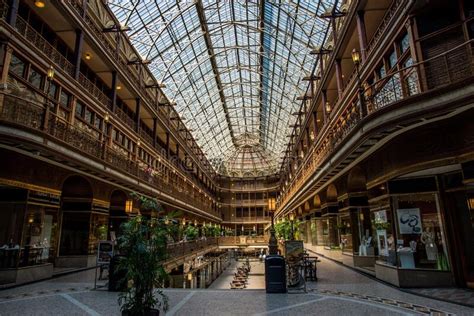 Interior of the Old Arcade and Hyatt Hotel in Cleveland, OH, the United ...