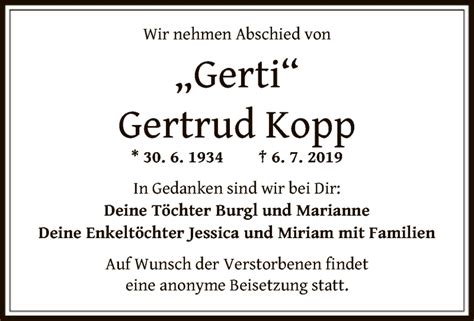 Traueranzeigen Von Gertrud Kopp Trauer Op Online De